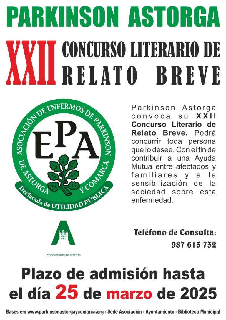 La asociación de Parkinson de Astorga y Comarca convoca la XXII edición del concurso literario de relato breve «Parkinson Astorga»